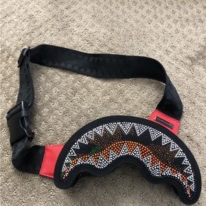 Sprayground Black Red Orange Crossbody Bag with Rhinestone Shark Design